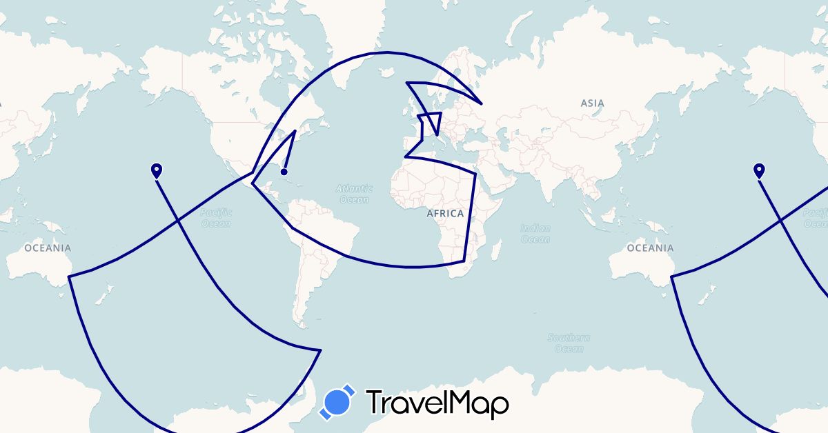 TravelMap itinerary: driving in Australia, Brazil, Canada, Germany, Egypt, Spain, Faroe Islands, France, United Kingdom, Italy, Morocco, Mexico, Peru, Russia, United States, South Africa (Africa, Europe, North America, Oceania, South America)